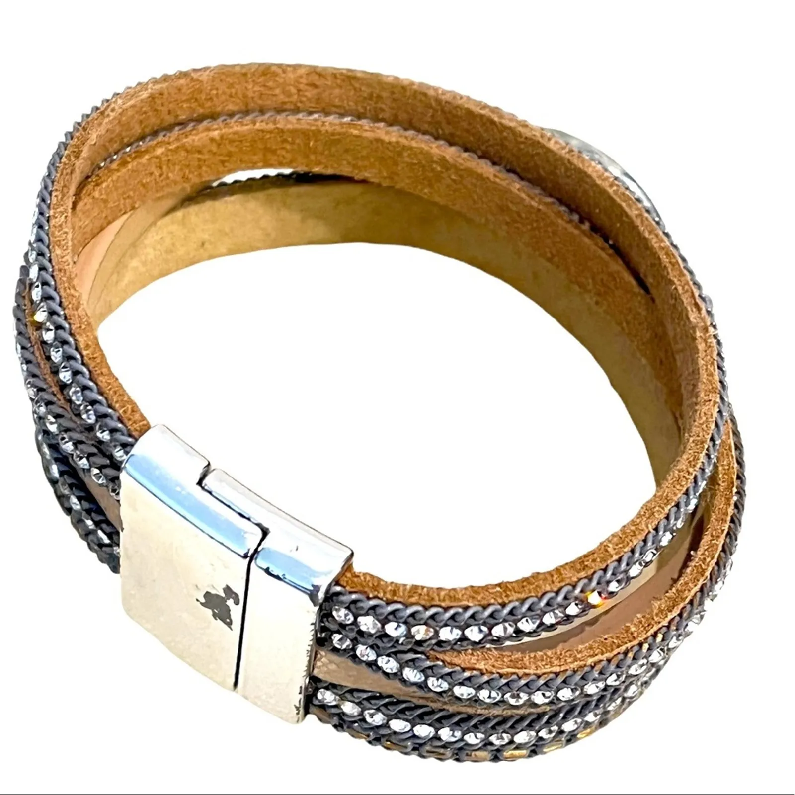 Leather Bracelet 4 Band Rhinestone White Tiger Eye Cabochon 7.5” Magnetic Clasp Brown - Image 3