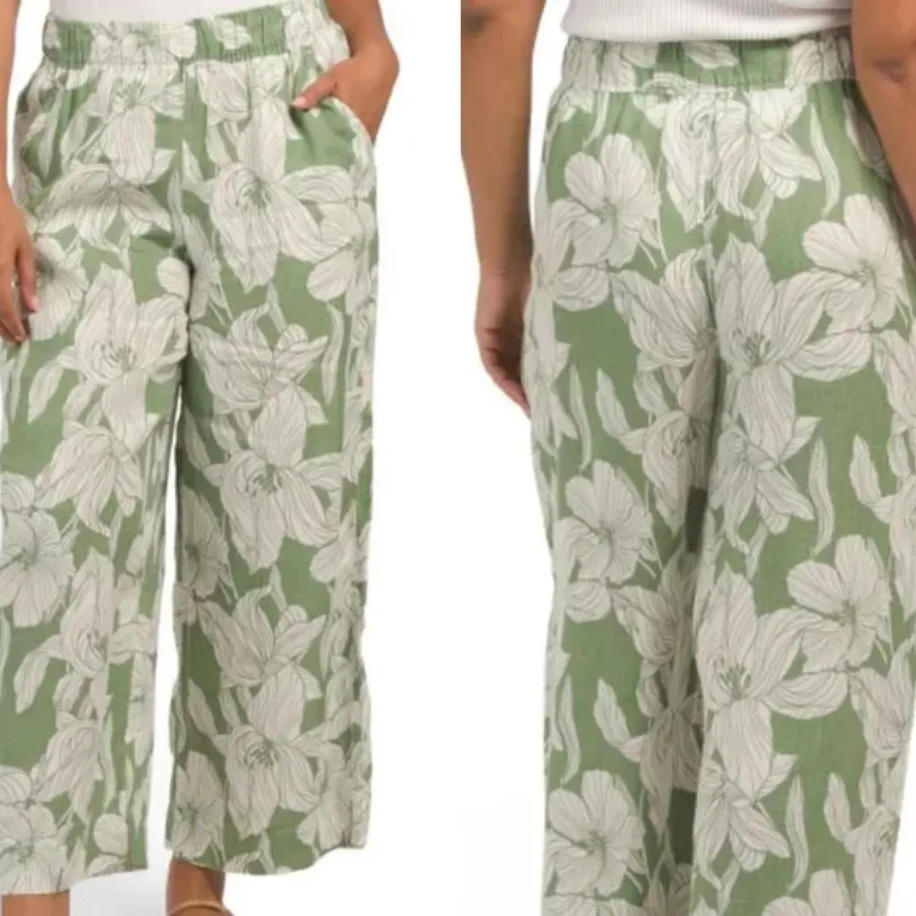 Tahari Linen Pants Women’s size XL Green and White Tropical Print Wide Leg Pants - Image 2