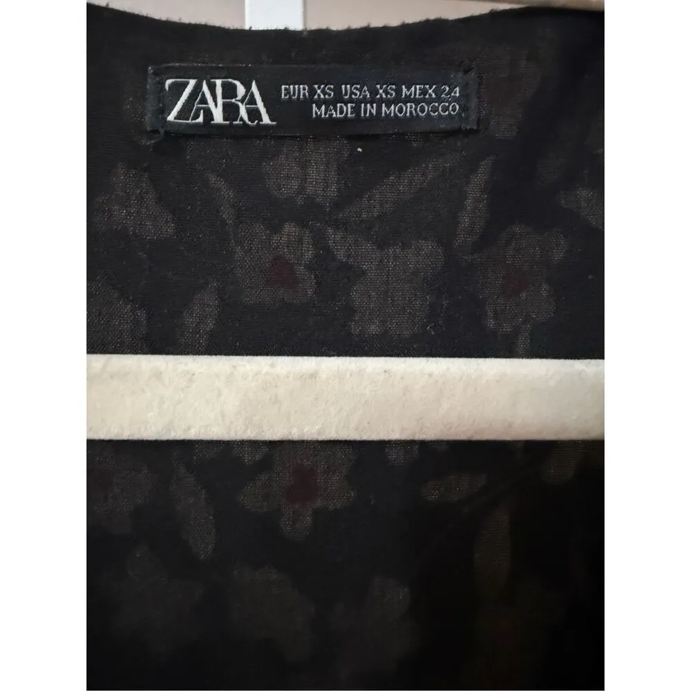 Zara Women’s Ruffle Floral Print Long Sleeve Dress Sz XS Black Cream - Image 4