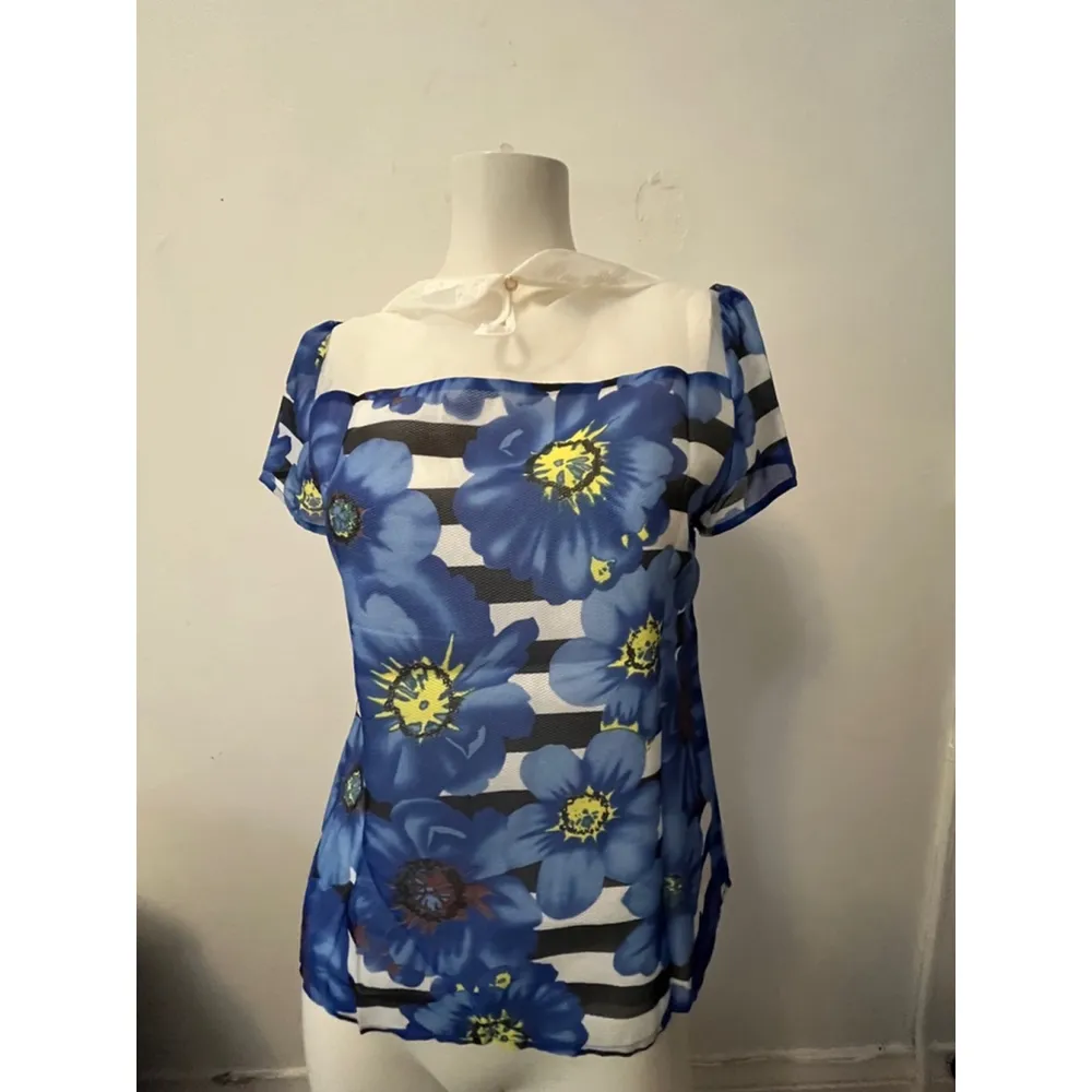 Boutique blue yellow floral black stripe short sleeve sheer preppy punk Blouse M Size M - Image 2