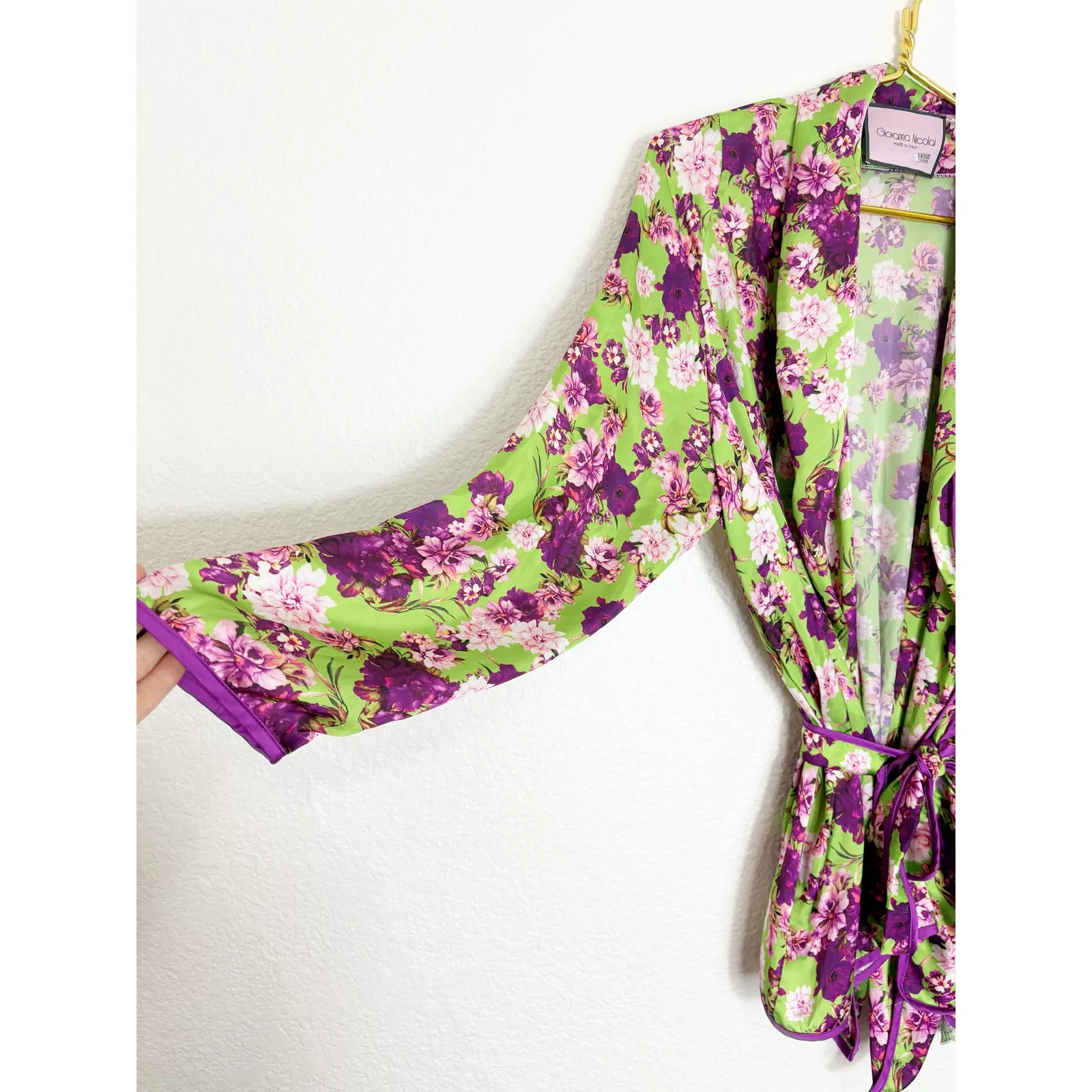 Giovanna Nicolai Silk Floral Wrap Top Size 44 Medium Purple Green Floral Chic - Image 10