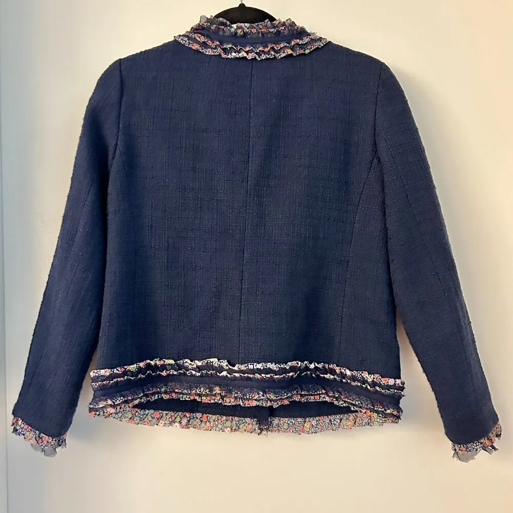 J. Crew Lady Jacket Navy Blue Floral Liberty Fabric Ruffle Trim Tweed Blazer (4) - Image 11