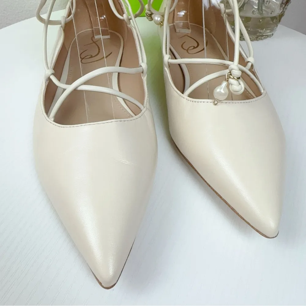 Sam Edelman Winslet Ivory Nappa Leather Lace up Pearl Beaded Pointy Toe Flats - Image 4