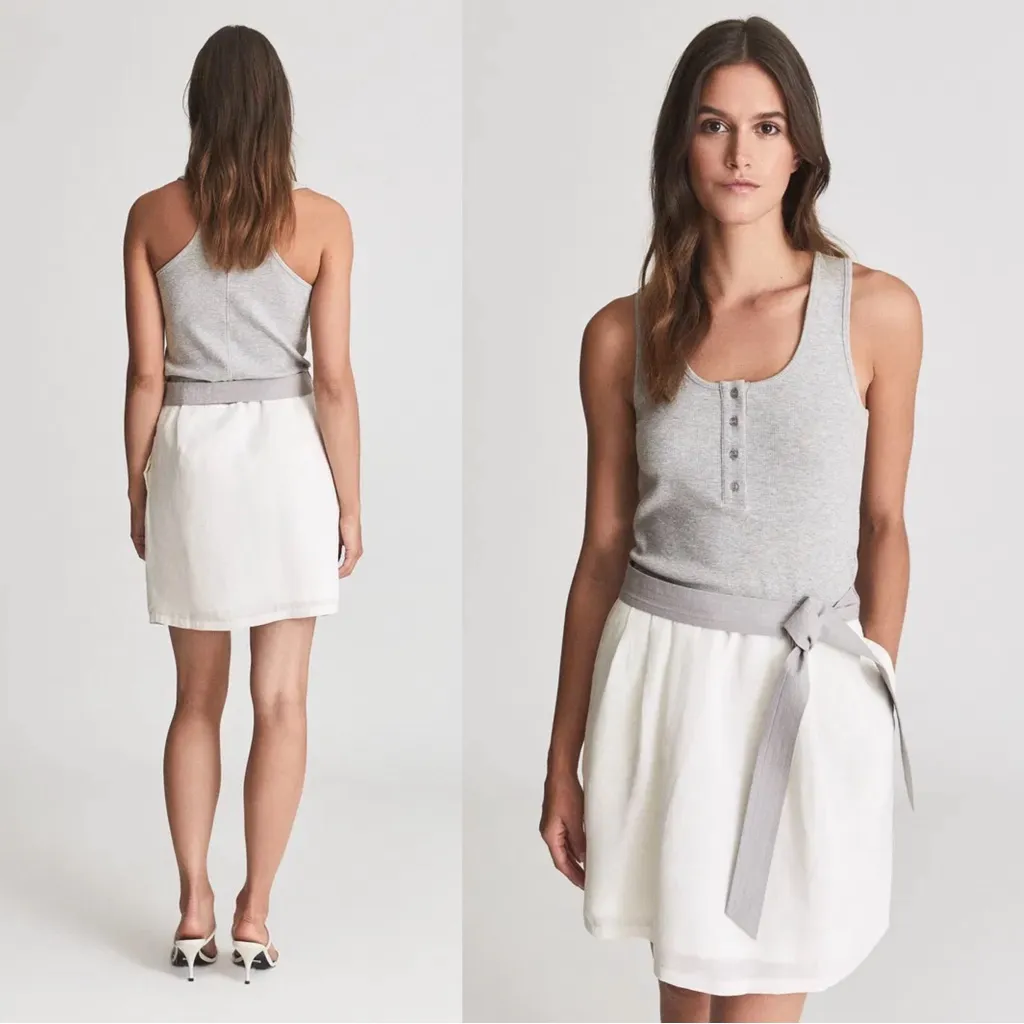 REISS • Zeta Mini Dress grey white linen drop tie waist sleeveless colorblock - Image 17