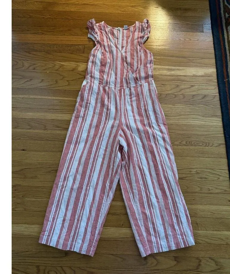 Old Navy Striped Button Front Linen Blend Jumpsuit Women's Sz S Red White Ruffle - Image 8