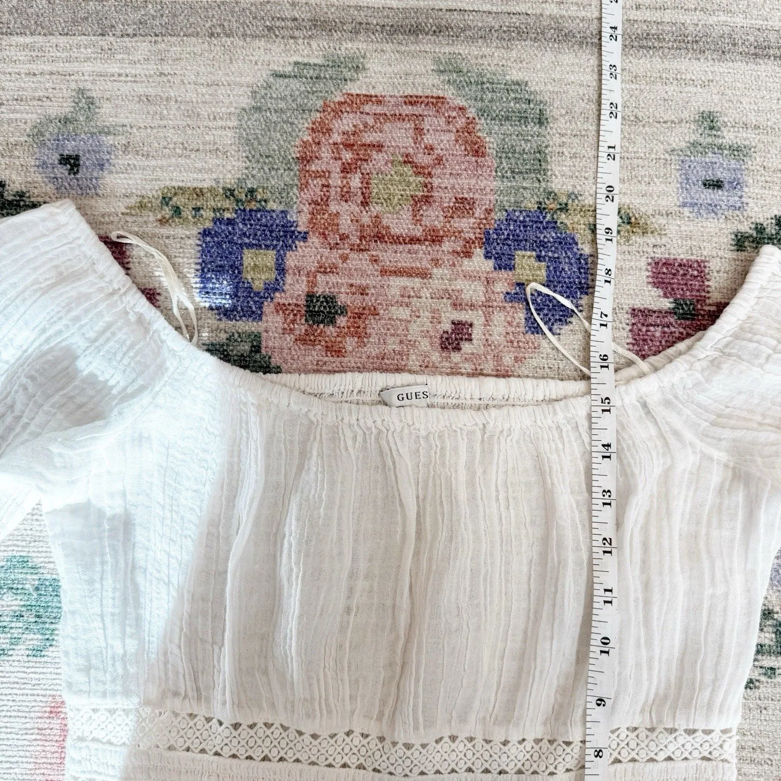 Guess Y2K Womens Milkmaid Gauze Peasant Top Size Medium Coquette Cottagecore White - Image 5