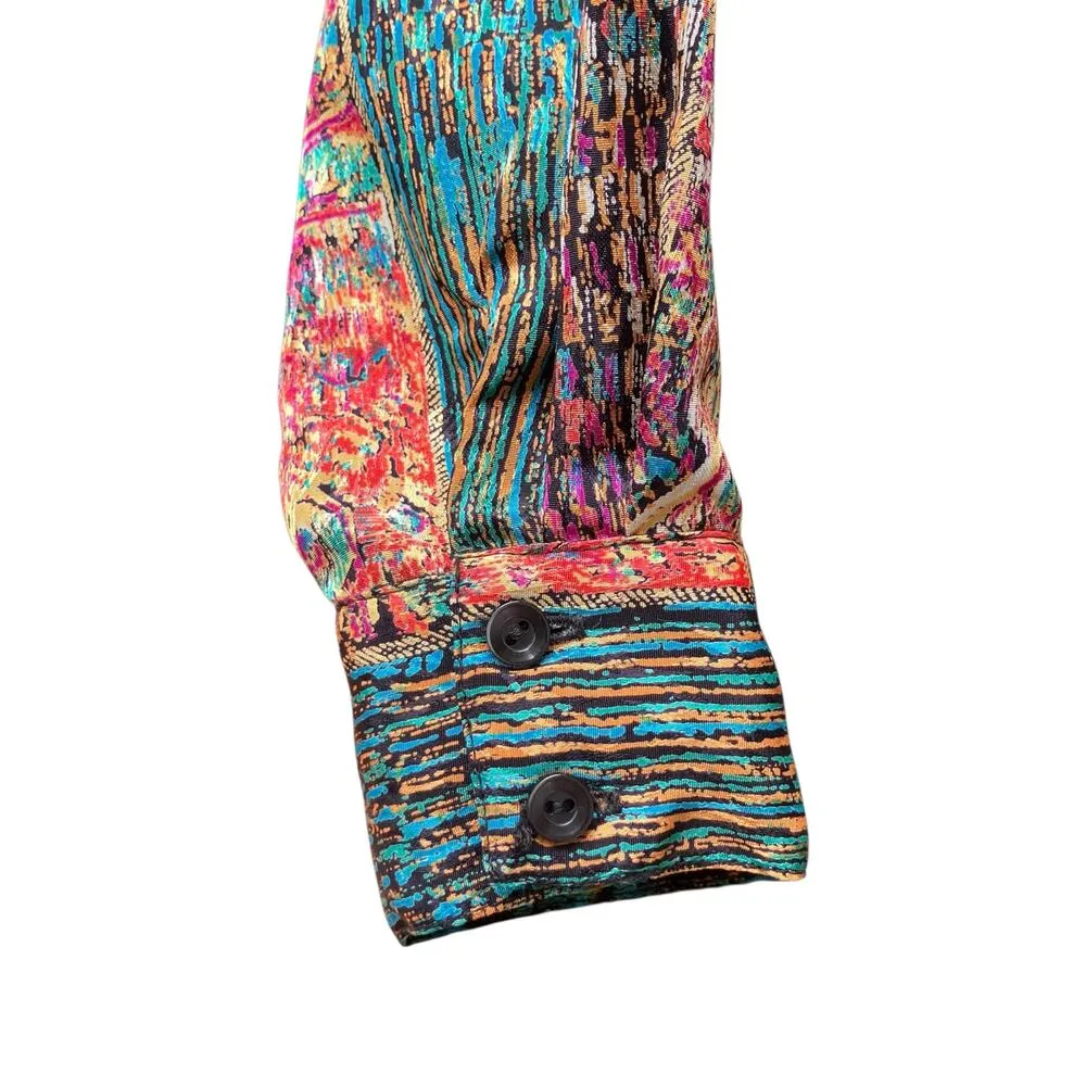 VTG Shirt Sz M Abstract Geometric Shimmer Tie Front Button Retro Funky Western - Image 4