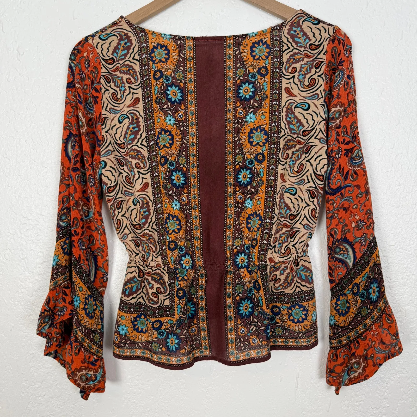Free People Rosalie Printed Faux Wrap Flared Sleeves Top Boho Festival Sz Small - Image 3