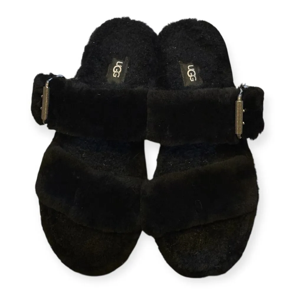UGG Womens 9 Fuzz Yeah Slipper Black Sheepskin Buckle Slide Sandals Comfy Warm - Image 4