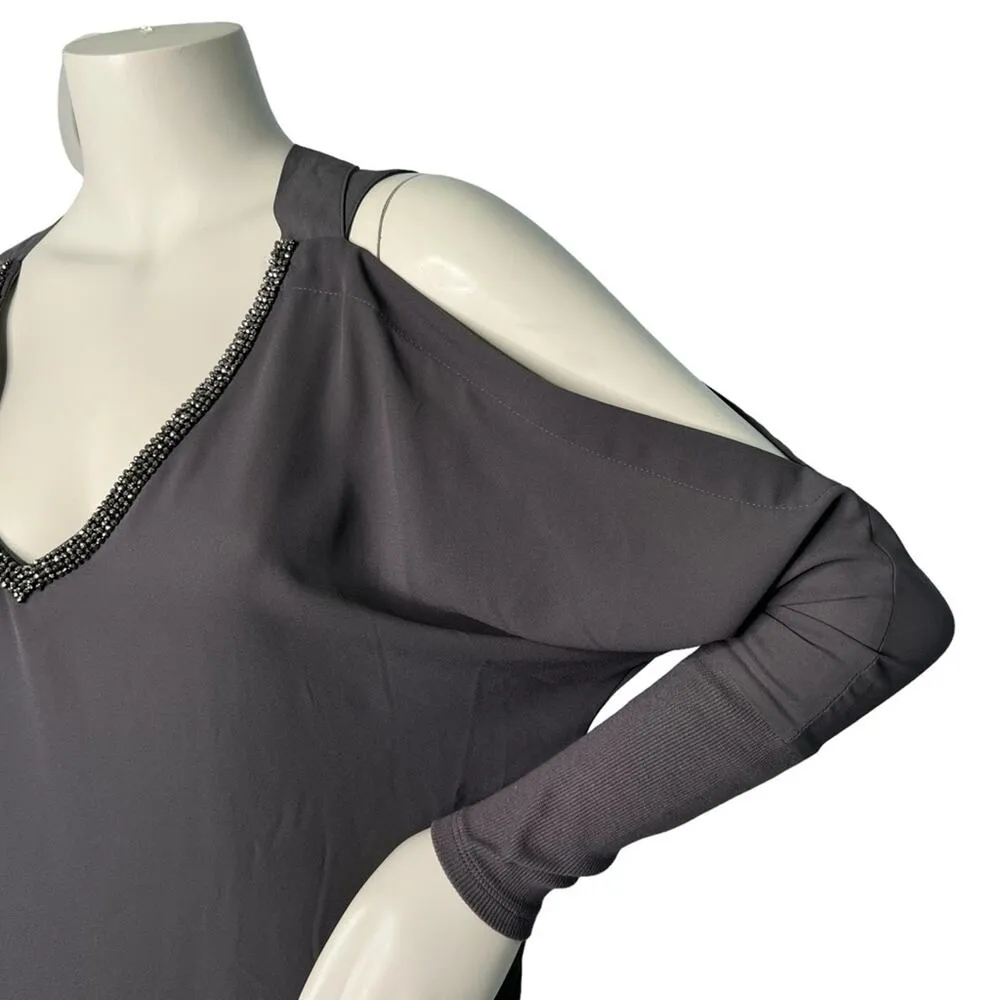 Juicy Couture Gray Shoulders Cut outs V-Neck Top with rhinestones Size Small - Image 2