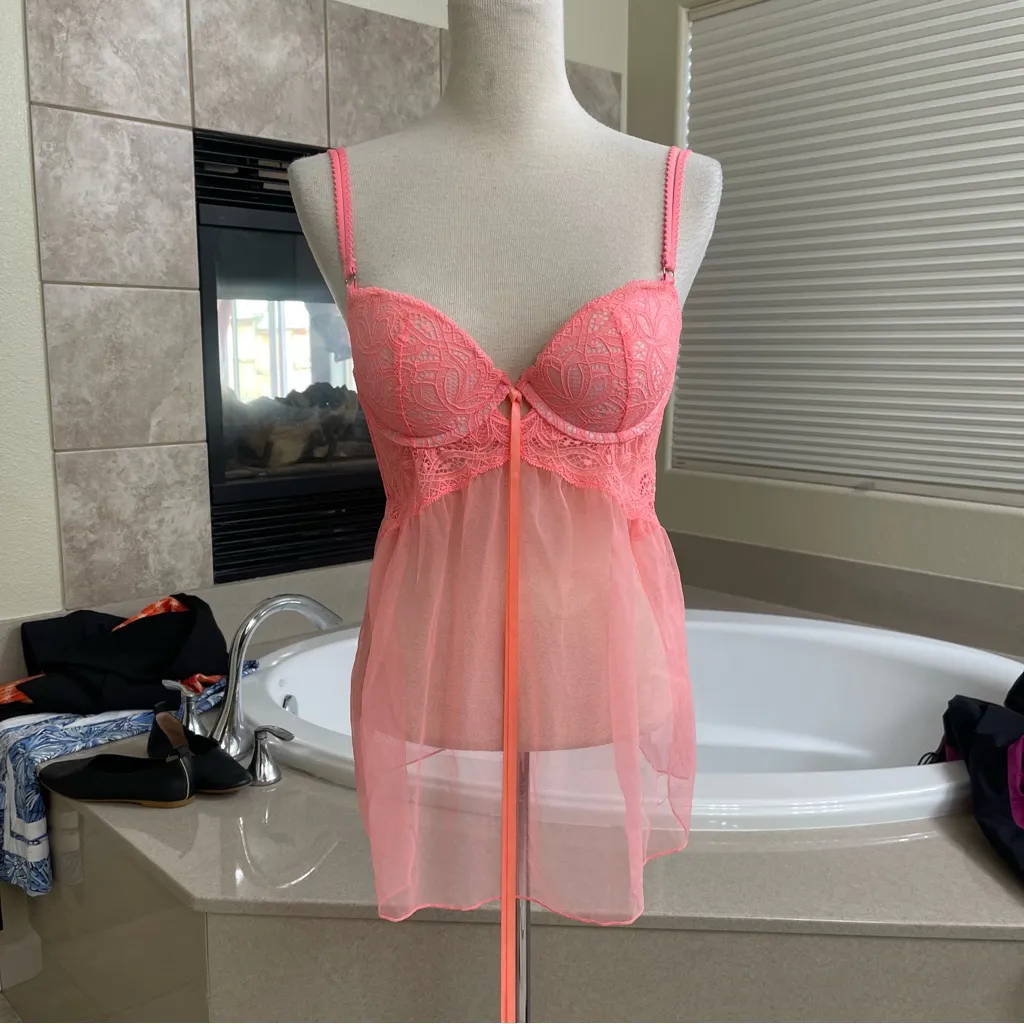 Victoria Secret Pink‎ & Peach Sheer Babydoll Top Lingerie Size 34B EUC - Image 2