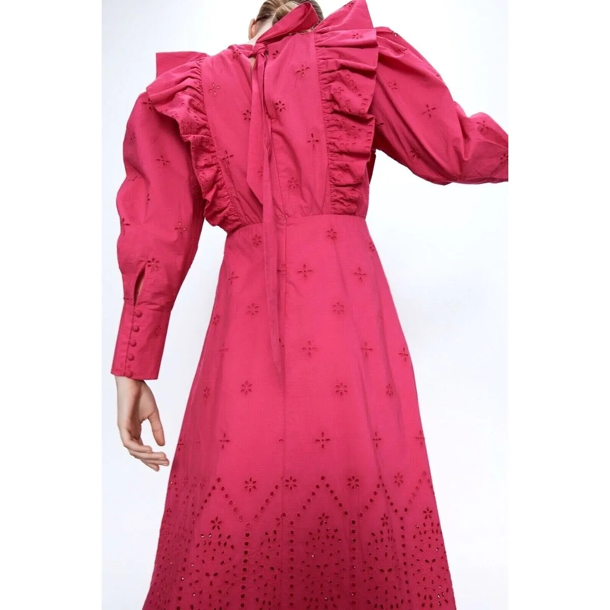 Zara Eyelet Pink Fushia Maxi Dress Cotton Poplin Long Puff Sleeve Small 7521/107 - Image 15