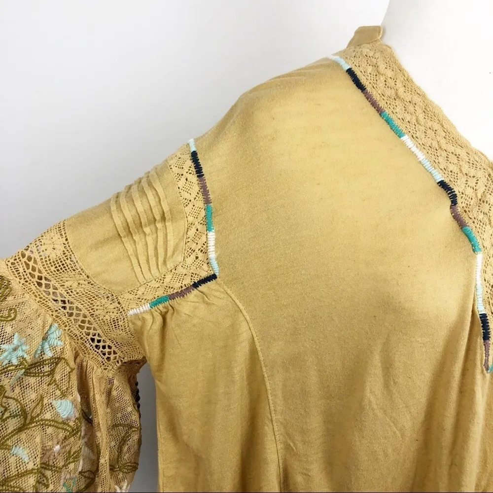 New Free People Embroidered Floral Wide Bubble Sleeve Bohemian Top - Image 9