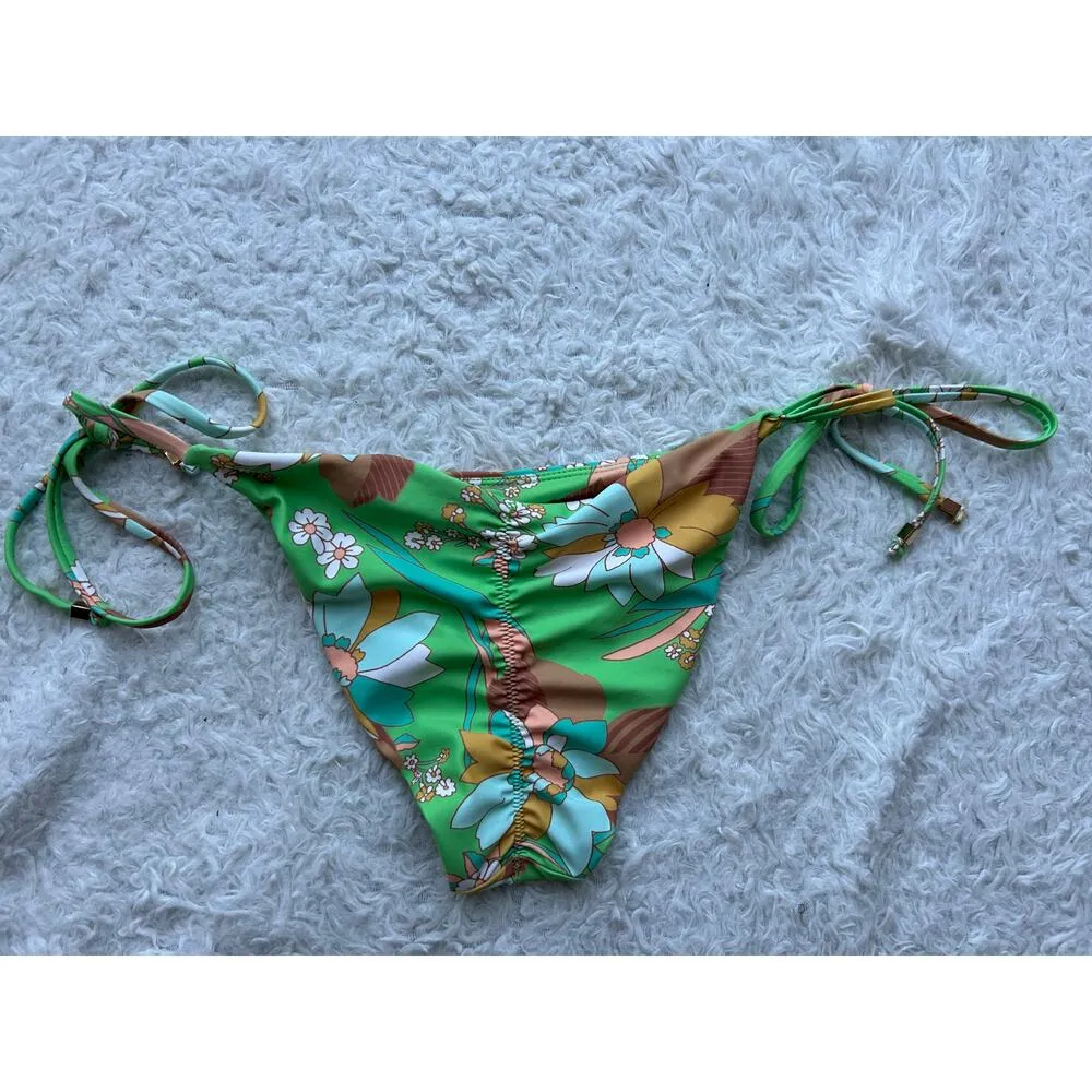 P2F Green Retro Floral Ruched String Tie Bikini Bottoms Size Small - Image 5