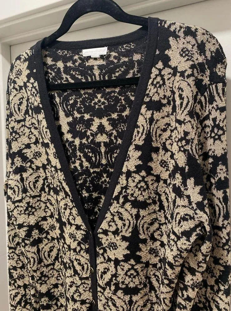 New York & Company Button-Down Black & Gold Metallic Floral Sweater Cardigan XL - Image 9