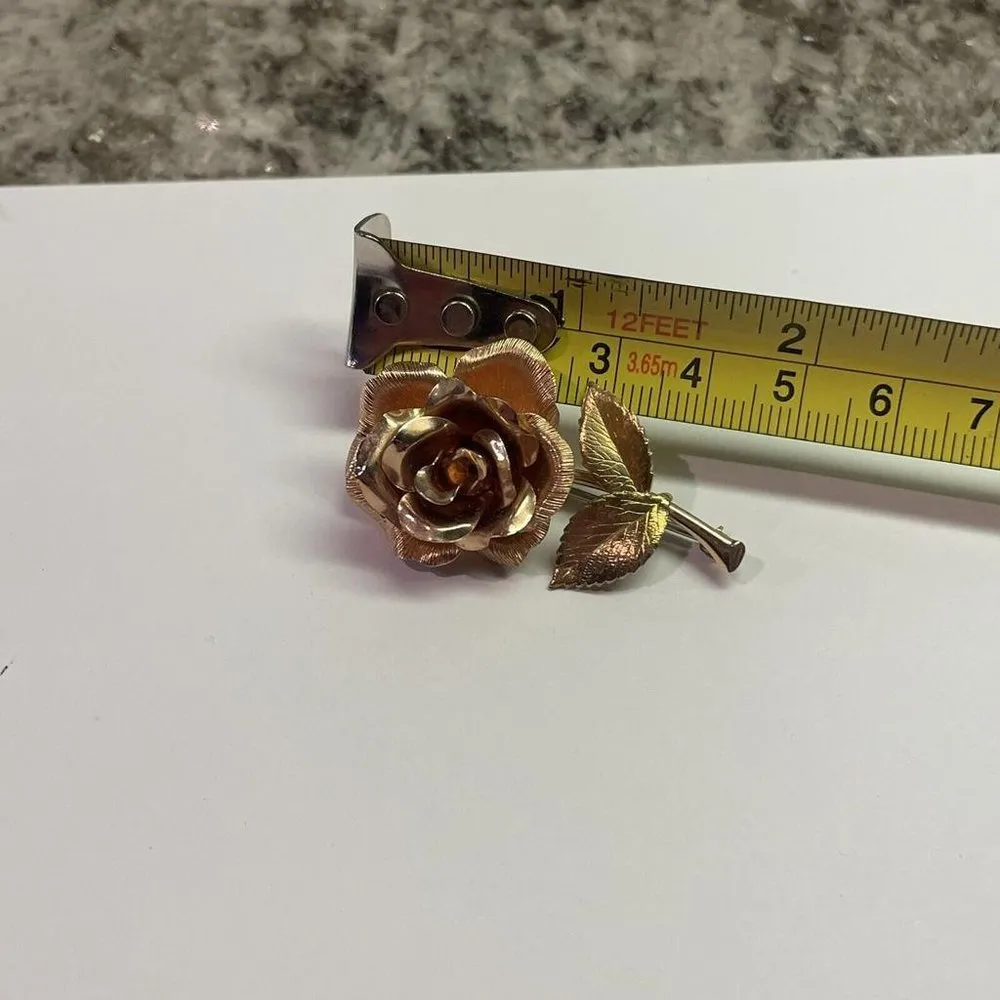 Signed Krementz Vintage Costume Jewelry Brooch Pin Two Tone Rose Flower Stem - Image 9