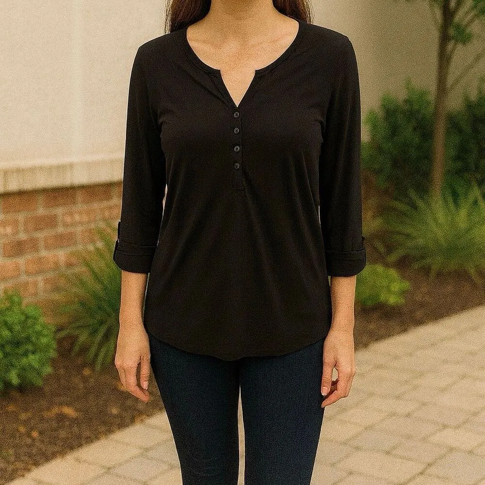 H&M Women’s XS Black V-Neck Long Sleeve Top | Partial Button Front Basic Shirt - Image 2