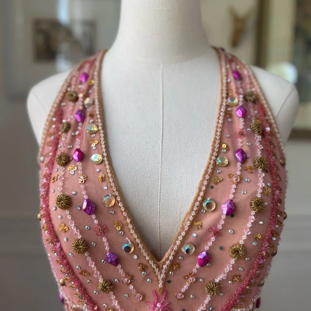 Sherry Haute Couture Halter Formal Gown Beaded Bling Blush Orchid $500 16 Tan - Image 3