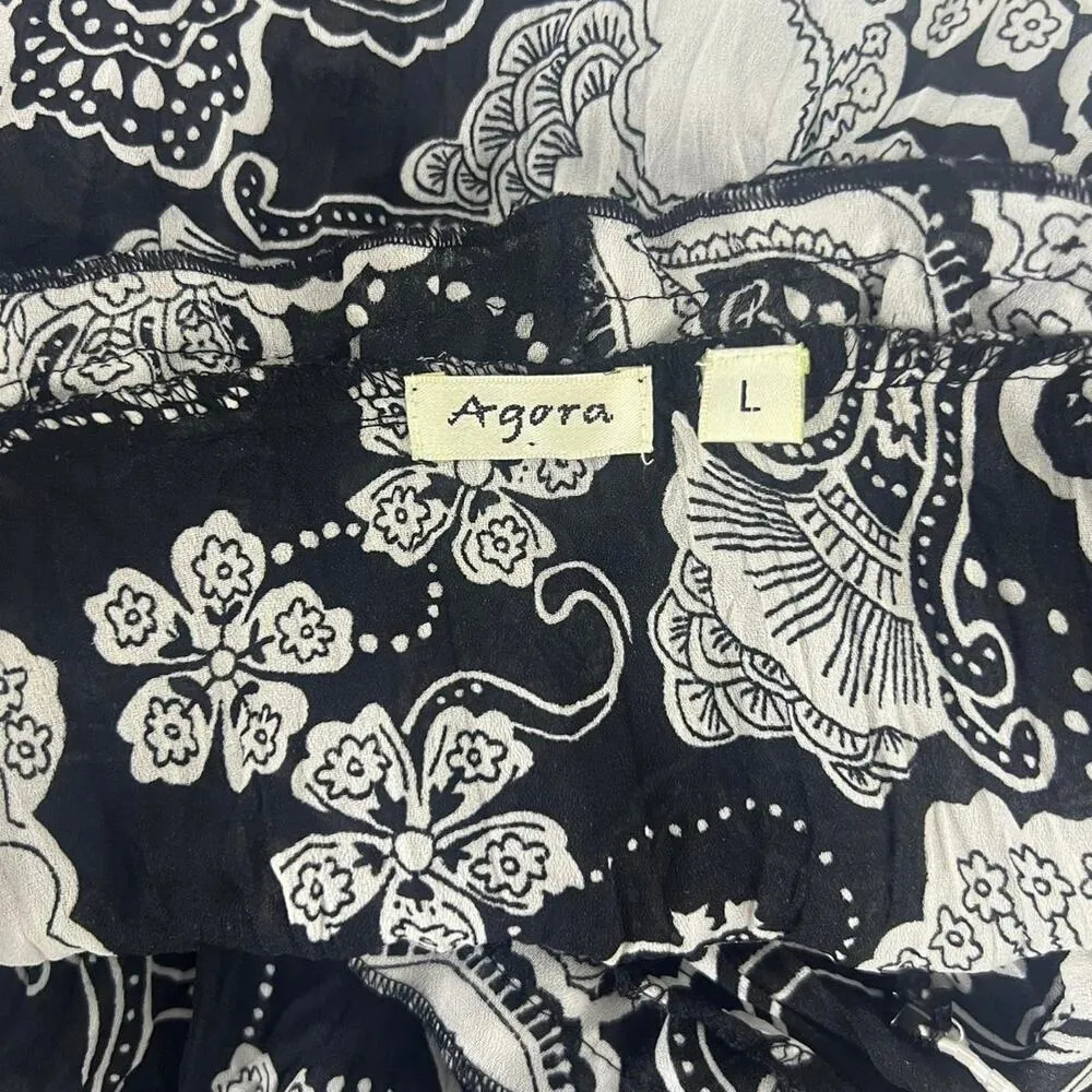 Vintage Y2K Agoral Ruffle Blouse Size Large Black White Floral Whimsygoth - Image 6