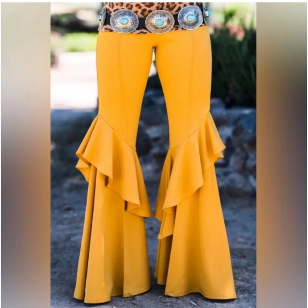 Super Fun Mustard Yellow Ruffle Bell Bottoms Size Medium - Image 2