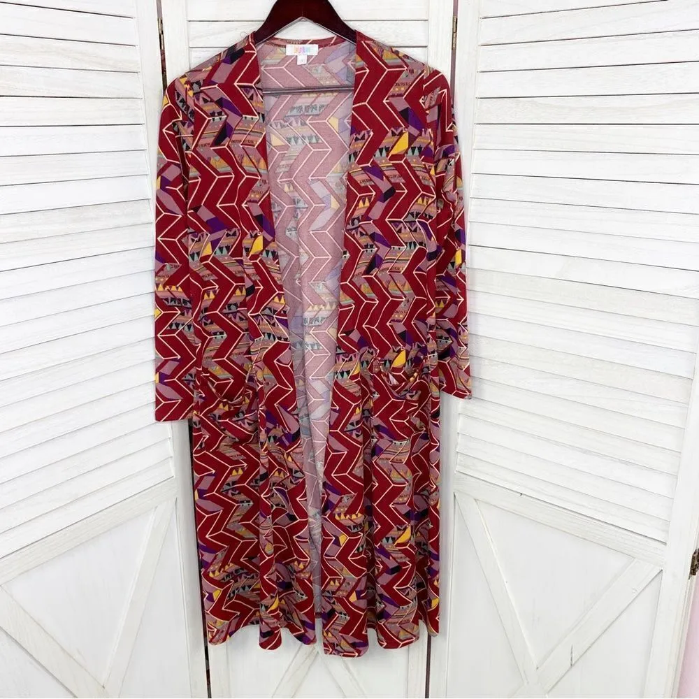LuLaRoe Sarah Cardigan Duster Aztec Geometric Print Red Small - Image 8