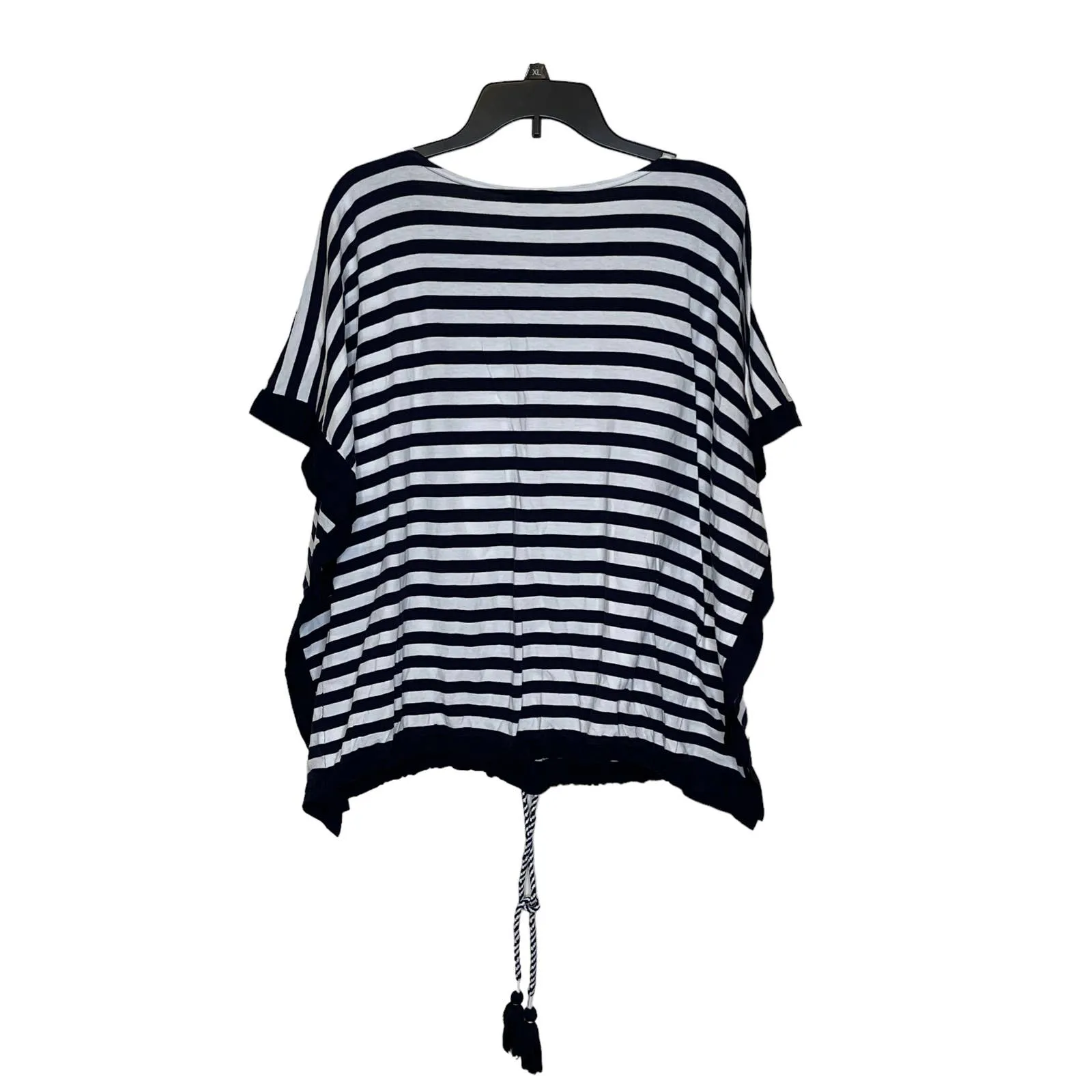 Talbots Women's Top Poncho Coverup Striped‎ Cotton Tasseled White Black Small - Image 9