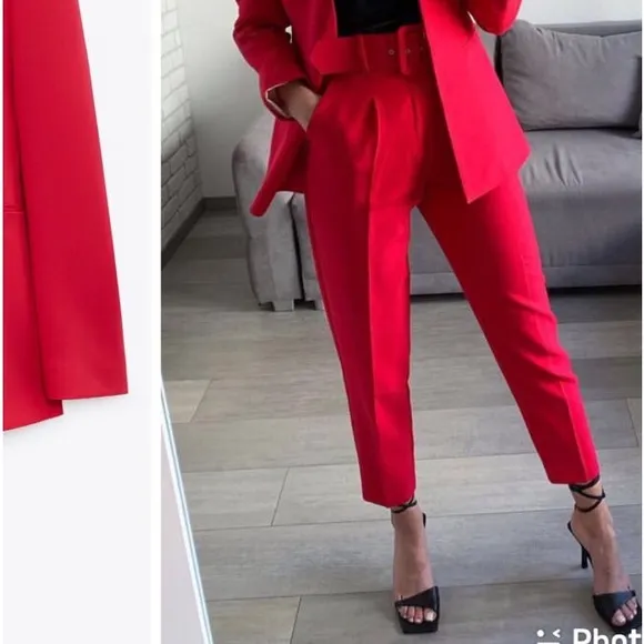 Zara HIGH-WAIST SKINNY TROUSERS W/ BELT RED COLOR SIZE XS NEW - Image 2