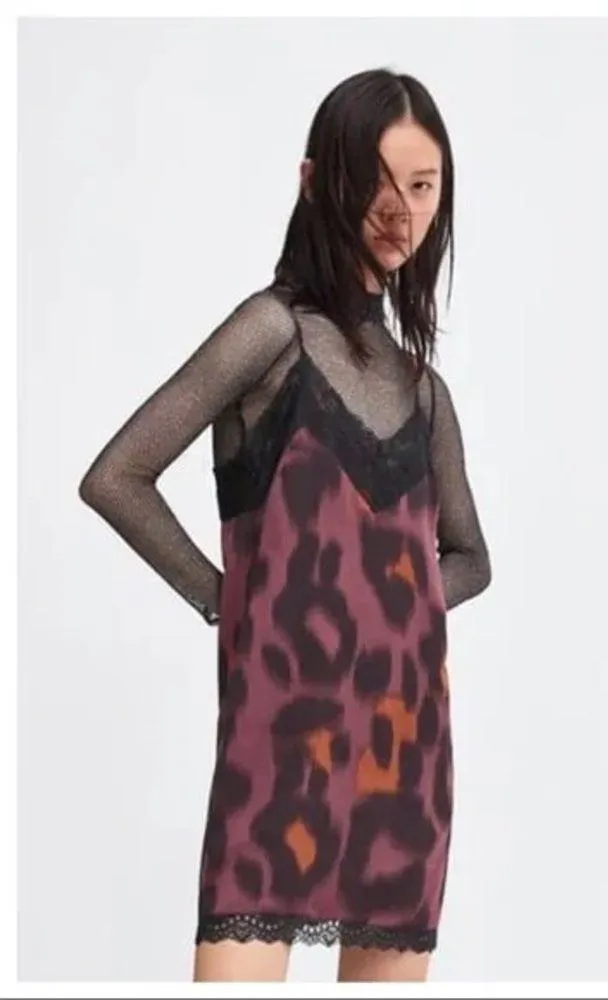 ZARA Leopard Print Slip Dress with Lace Details - XS - Image 2