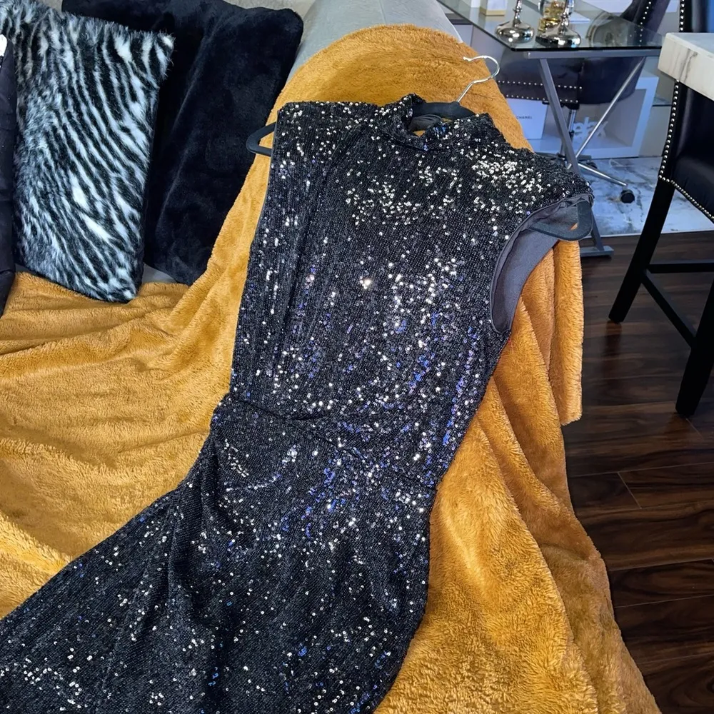 Express Sequin Asymmetrical Mock Neck Dress in Black - Image 6