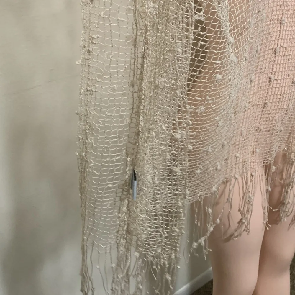 Open Knitted fishnet pancho boho knit sequin fringed one size woman swim cover Tan - Image 8