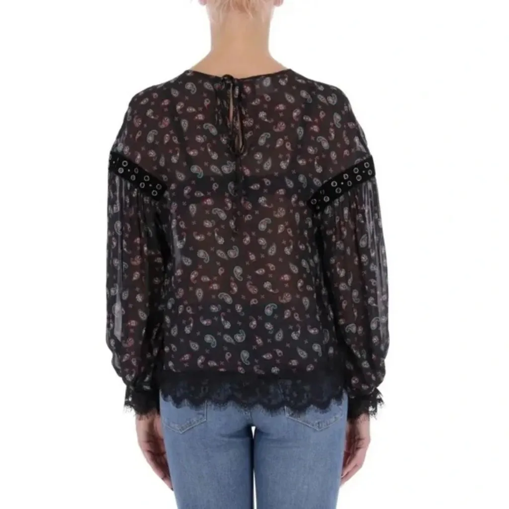 Pinko Black Paisley Print Long Sleeve Sheer Blouse with Lace Trim Size 44/L NWT - Image 8
