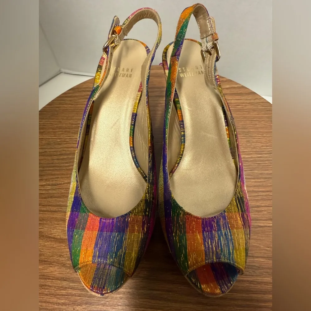 Stuart Weitzman Women's Slingback Multicolor Gingham Peep Toe Wedge Platform - Image 9