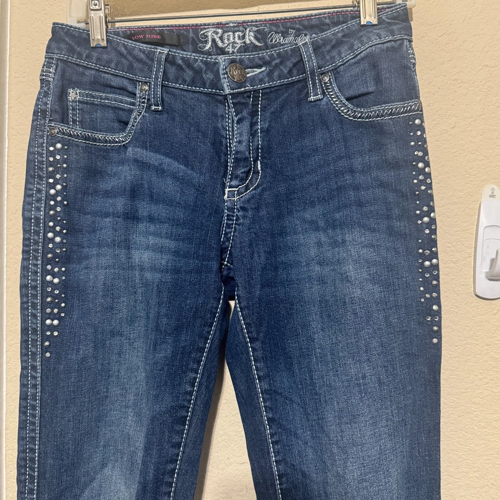 Y2K Wrangler Rock 47 Low Rise Blue Jeans Women’s Studded Flare rhinestone 4/27 - Image 3