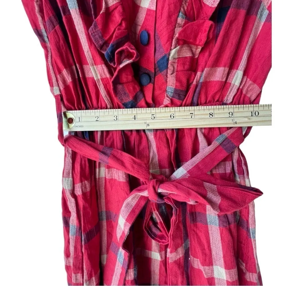 Women's lightweight ruffle strap mini midi dress red blue plaid Vintage doll S. - Image 7
