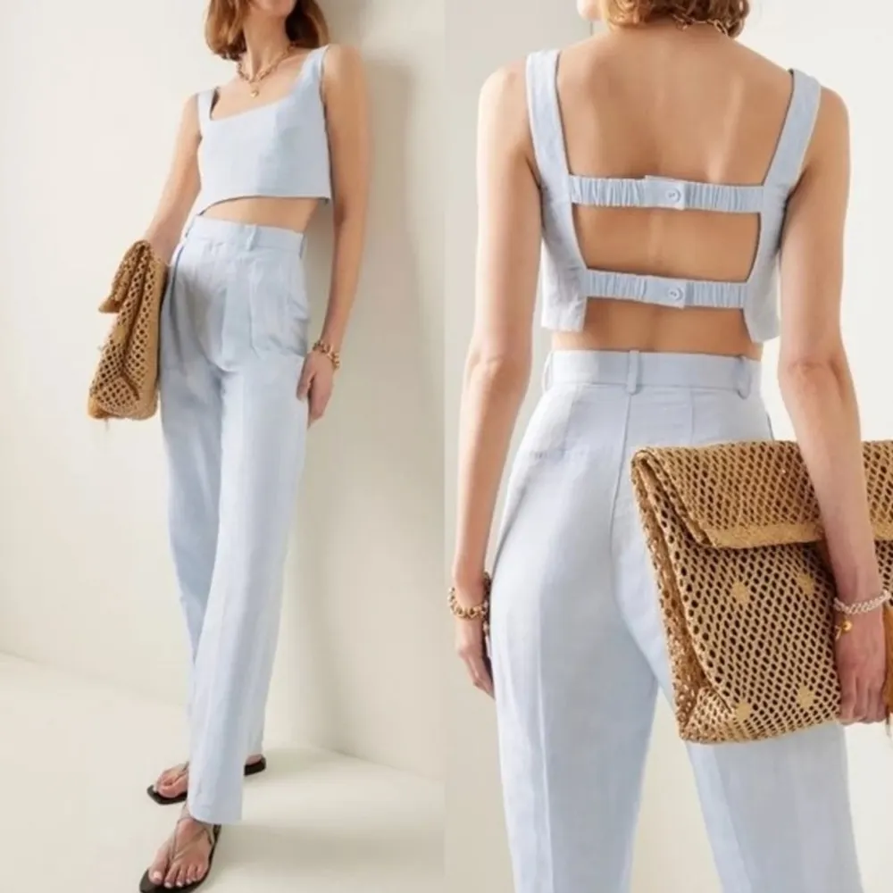 Significant Other Anthro Women’s Elina Open Back Linen Powder Blue Crop Top 2 - Image 13