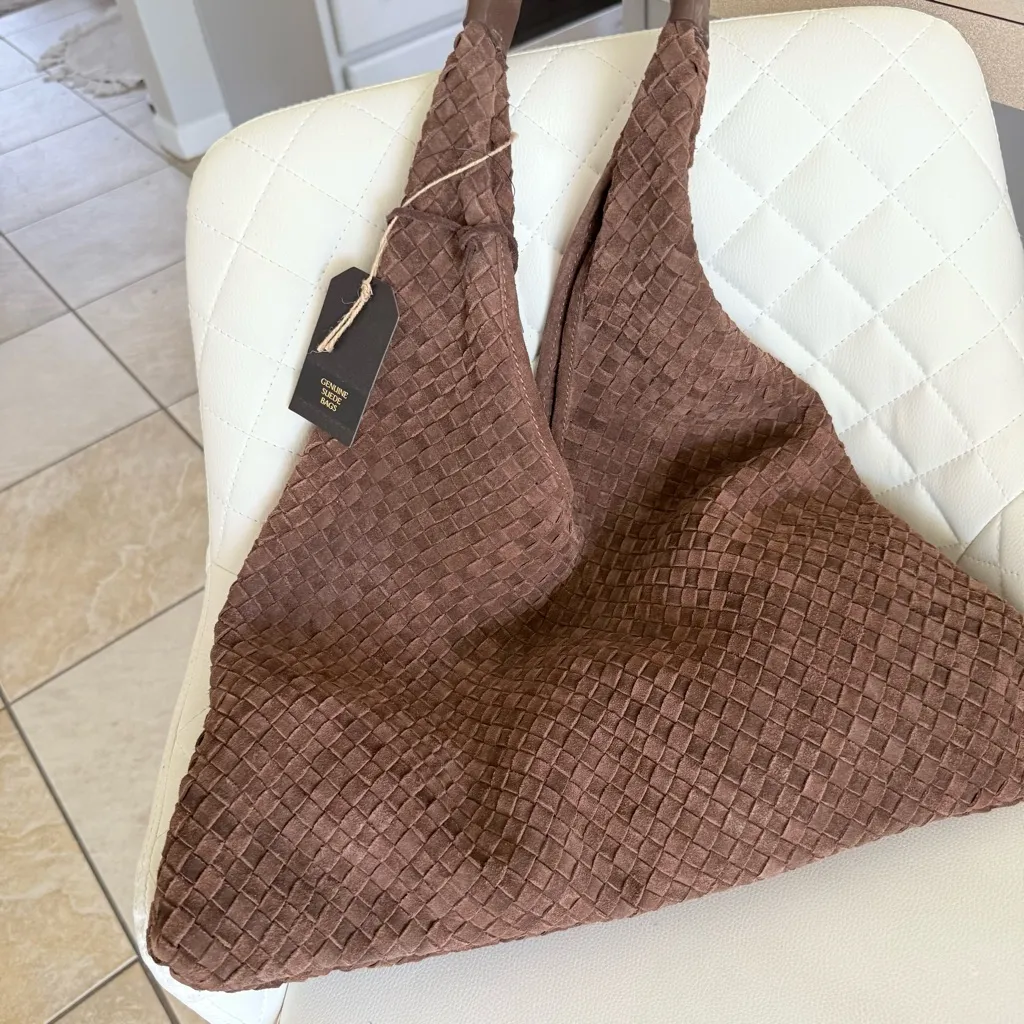 Viral tik tok Brown suede Woven Tote Bag slouchy bag - Image 5