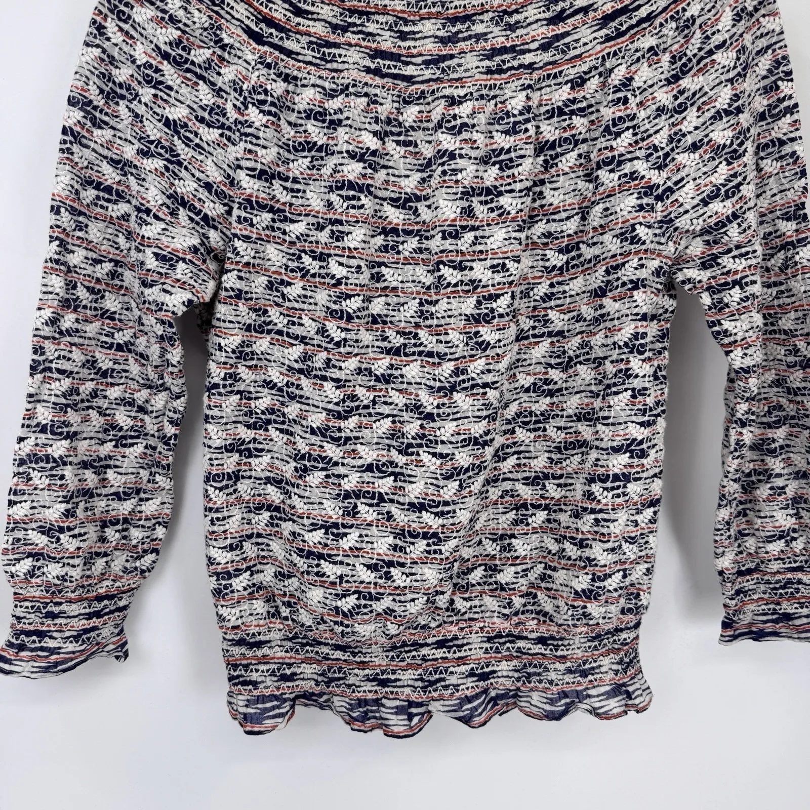 Tory Burch Nadia Peasant Top Womens 4 Blue White Orange Embroidered Tassels - Image 12