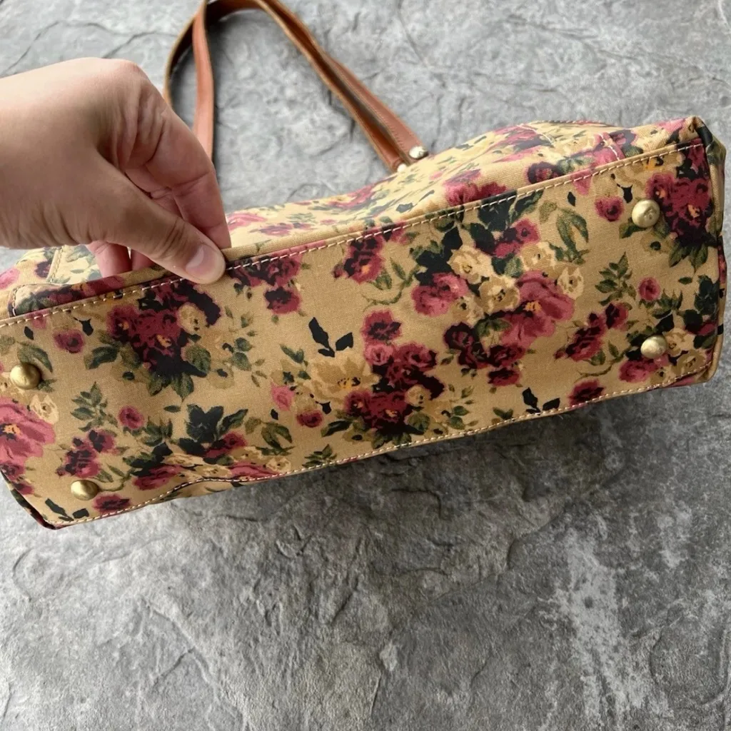 Patricia Nash Antique Rose Coated Linen Canvas Ria Tote Leather Trim Floral Tote - Image 6