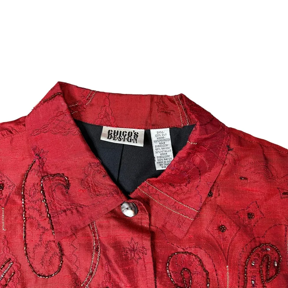 Vintage Chico's Red Silk Tapestry Jacket Embroidered Beaded Size 2 - Image 3