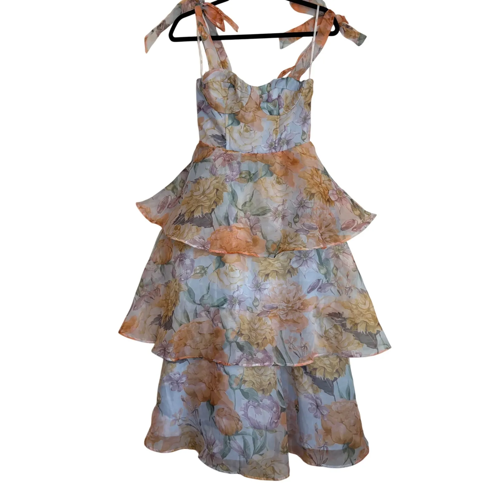 Floral Tiered Midi Dress Ruffle Tie Shoulder Sweetheart Neckline Summer Vacation - Image 2