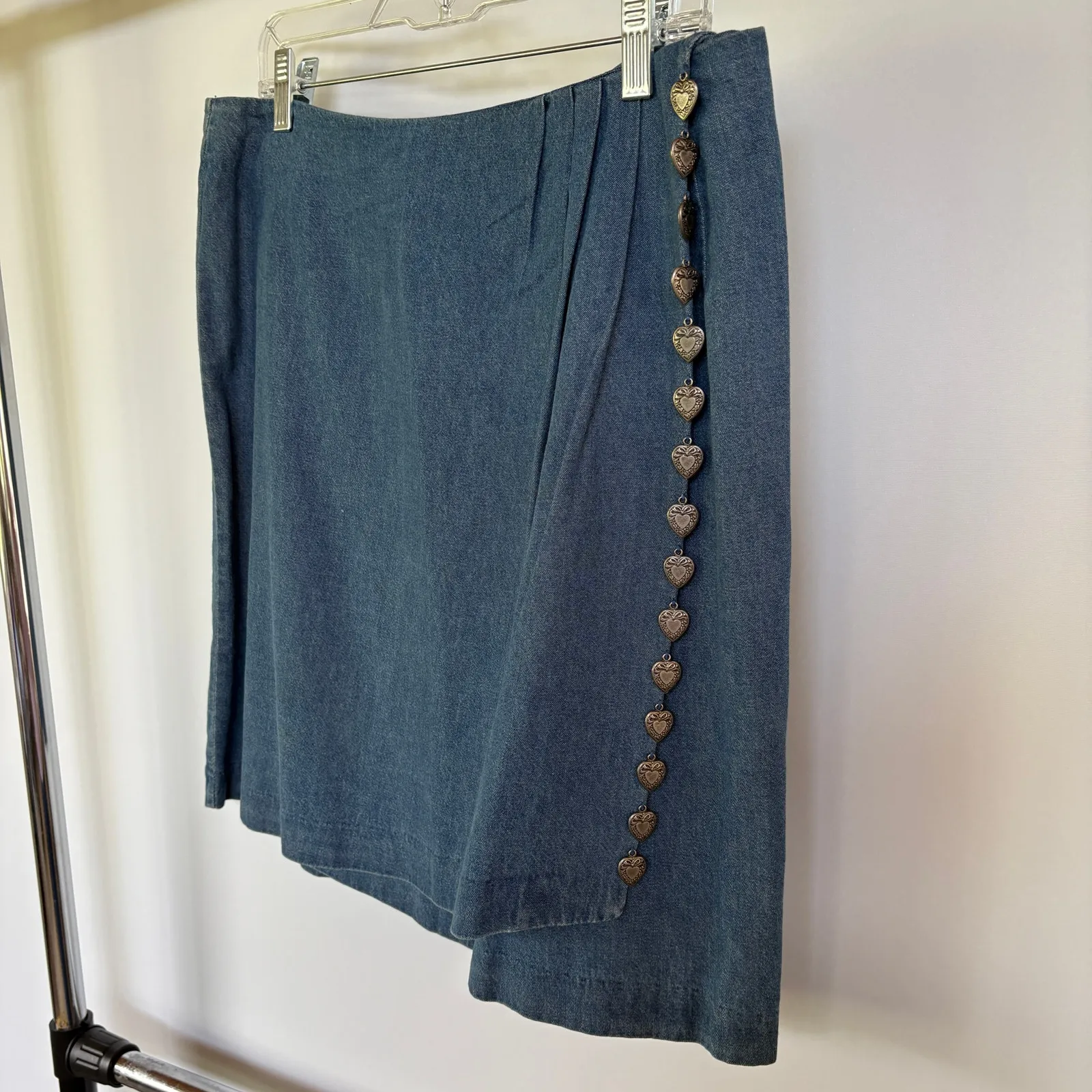 Vintage 90s Denim Mini Wrap Skirt Coastal Cowgirl Silver Heart Charms Size 14 Blue - Image 2
