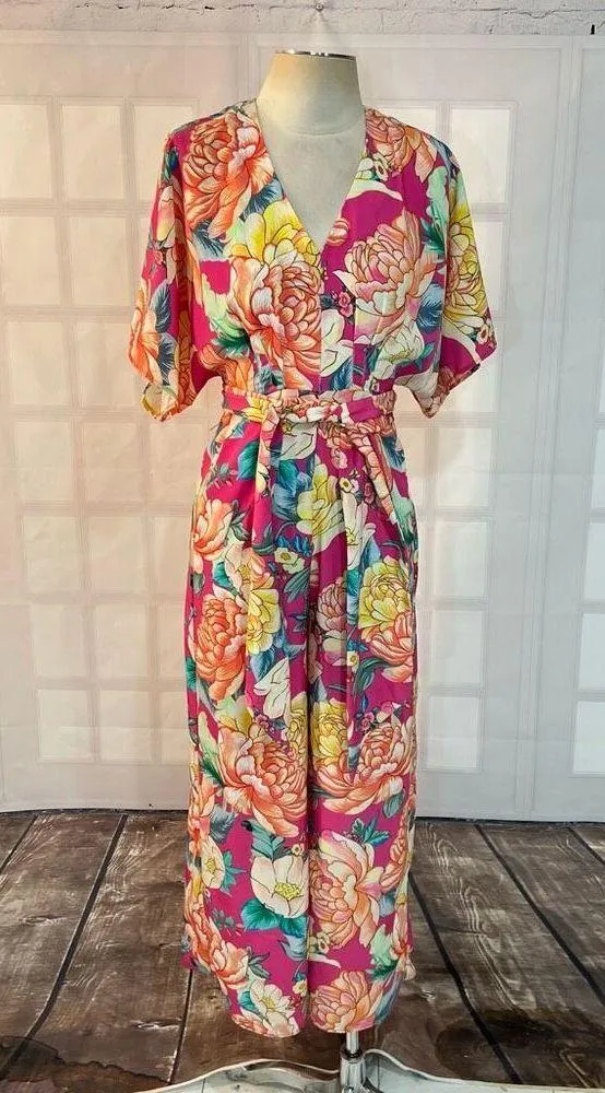 Farm Rio Anthropologie Eulalie pink floral Wide-Leg Jumpsuit size XS - Image 4