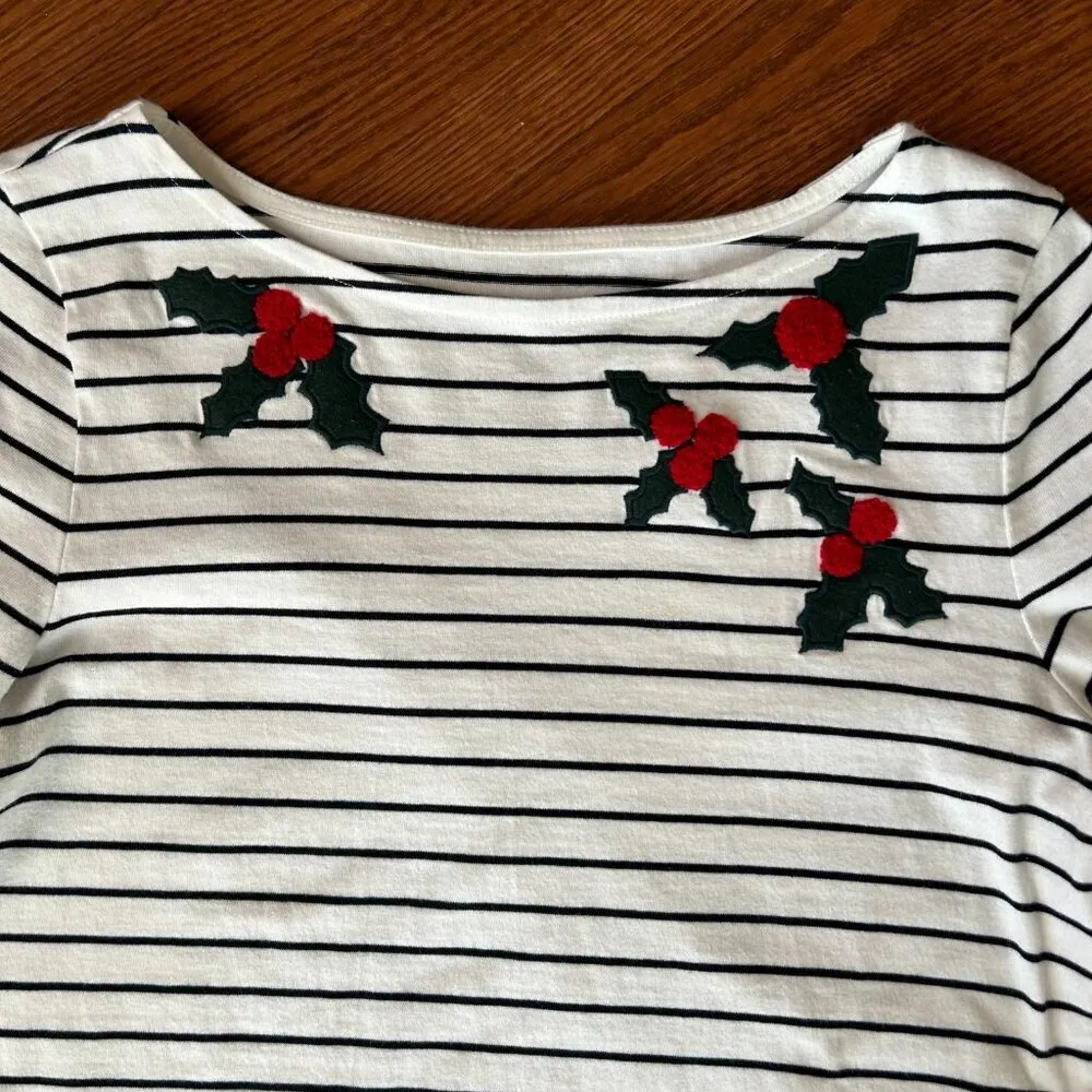 Talbots Christmas Embroidered Holly Boat Neck Striped Long Sleeve Tee Size Small - Image 4