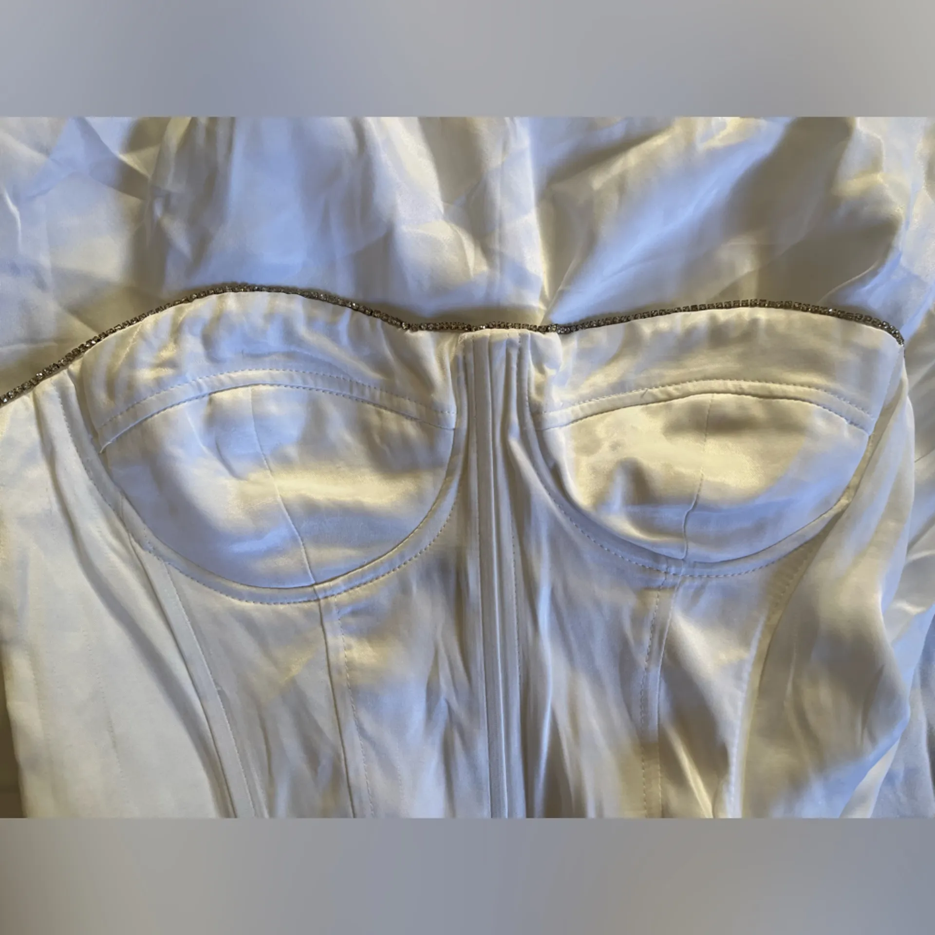 Elegant White Strapless Maxi Dress with jewels on top seam - Image 9