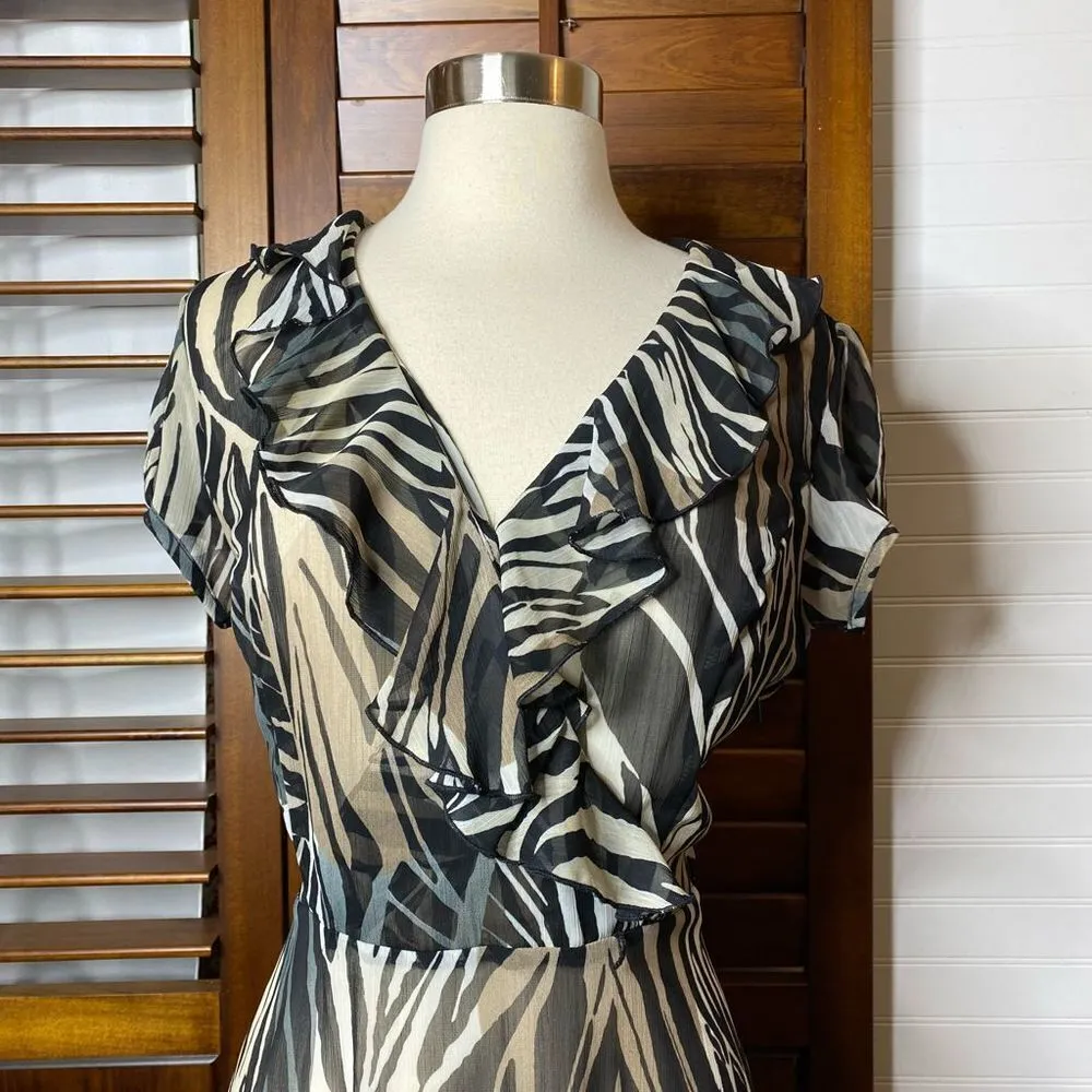 Dress Barn Zebra Animal Print Sheer Ruffle V Neck Midi Dress - Image 2
