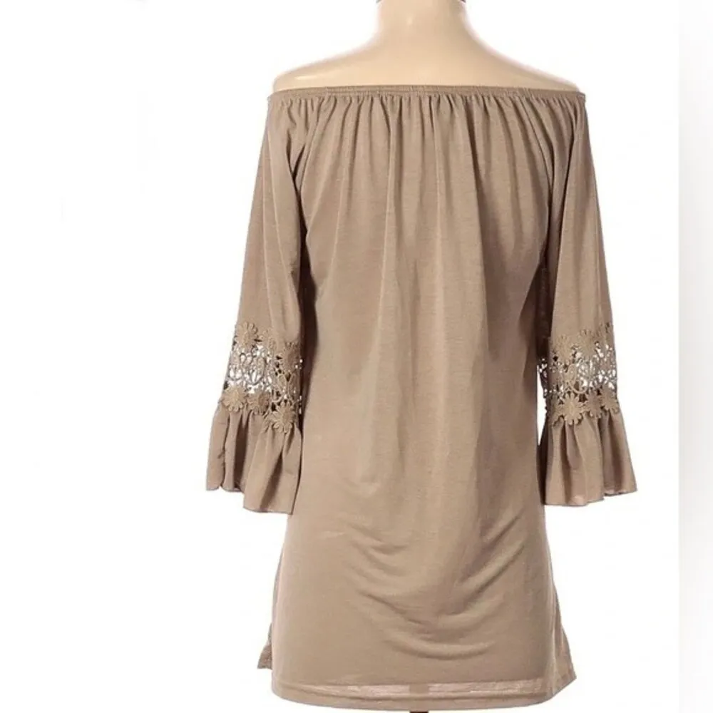 On or off shoulder mocha tunic top with lace size small - Image 2