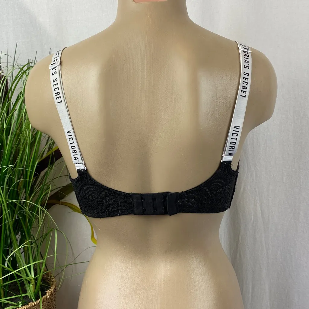 Victoria’s Secret Black Lace Lined No Wire Logo Strap Bra 32DDD 32F - Image 3