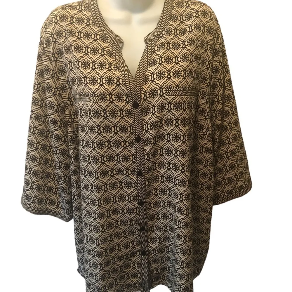 Catherines Plus Size 2X Hippy Tunic Top Black Tan Printed Full Button  Blouse - Image 6