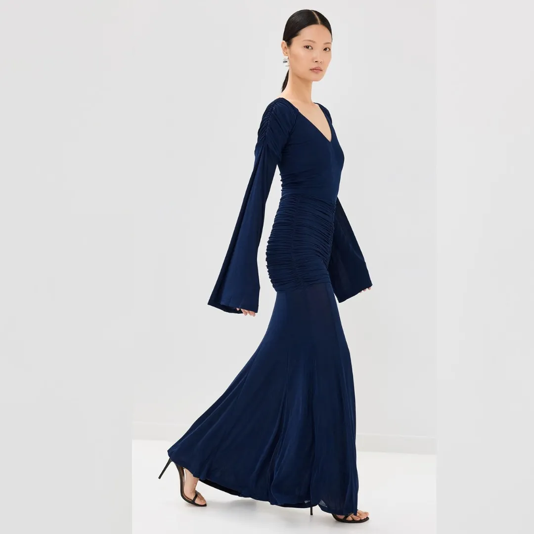 NEW ORIRE Dress Maya‎ Blue Ruched Long Sleeve Draped Maxi Gown Size 0 - Image 13