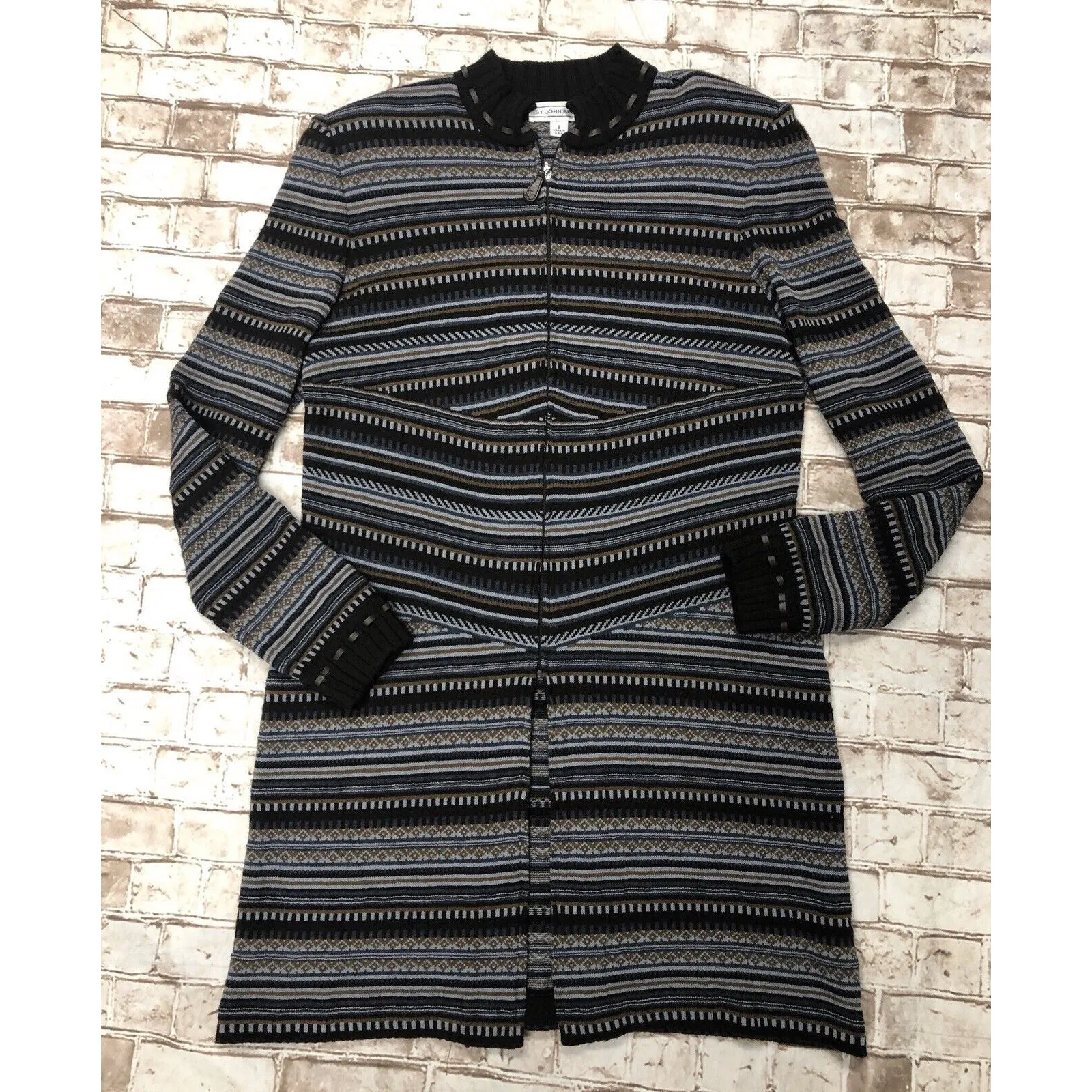 ST.‎ JOHN marie gray Stripe Zip Santana Knit Long Sweater Jacket Size S Leather - Image 2